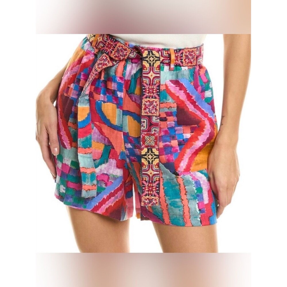 Johnny Was Women’s Multicolor Printed Tie-Waist Shorts with embroidery Size XL